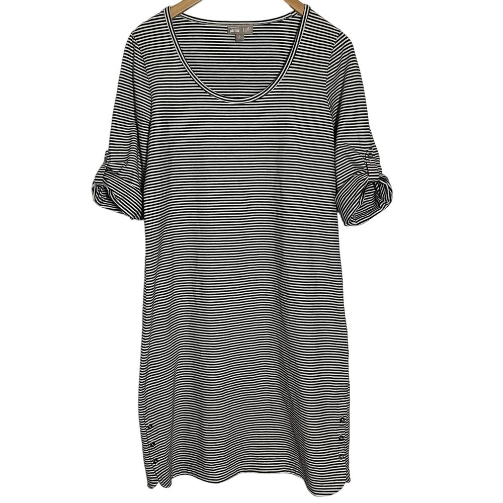 J. Jill Perfect Pima Jersey Knit Striped Black White Roll Tab Sleeves Size Small